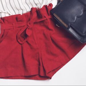 Wine Colored High Waisted Paper Bag Shorts-Medium